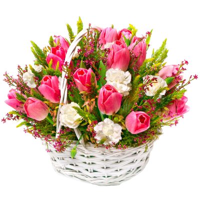Корзина с тюльпанами и гвоздиками «Розовый вальс»